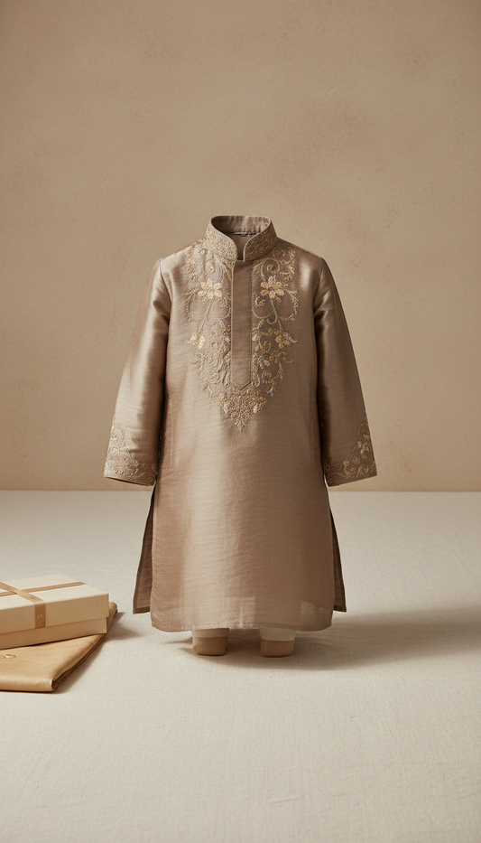 Kids’ Taupe Silk Kurta with Embroidery