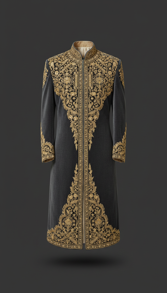 Velvet Sherwani with Gold Embroidery